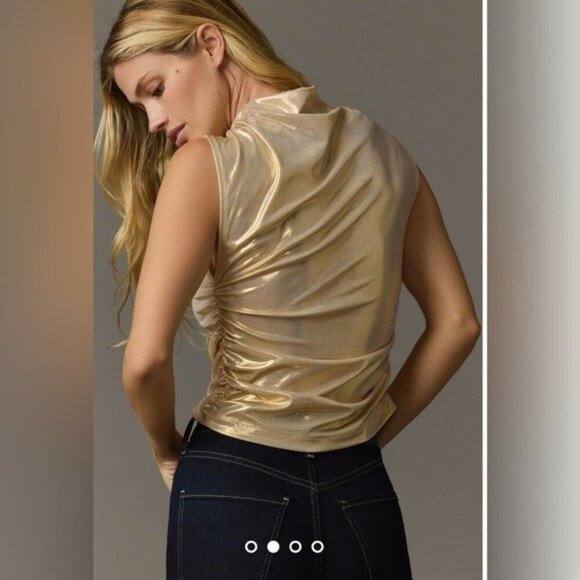 NWT Size S - Maeve Mock-Neck Ruched Shine Tank in Gold - Picture 4 of 13